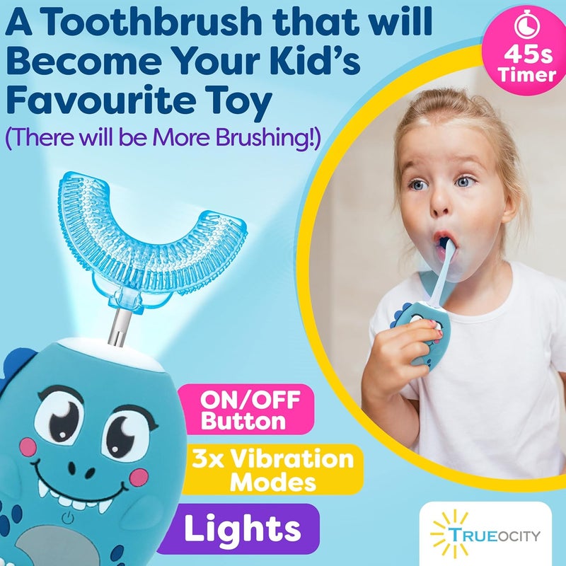 Trueocity Kids U Shape Toothbrush Auto Electric Toddler Rechargeable Kids Automatic Toothbrush | 360° U-Shaped Silicone Brush Head | Gentle Cleaning for Ages 2–7| Dinosaur Design (Blue) - Image 3